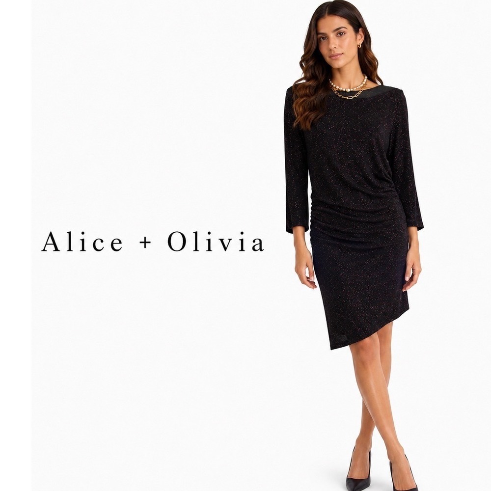 Alice + Olivia Black Purple Metallic Ruched Keyhole Back Dress‎ Medium